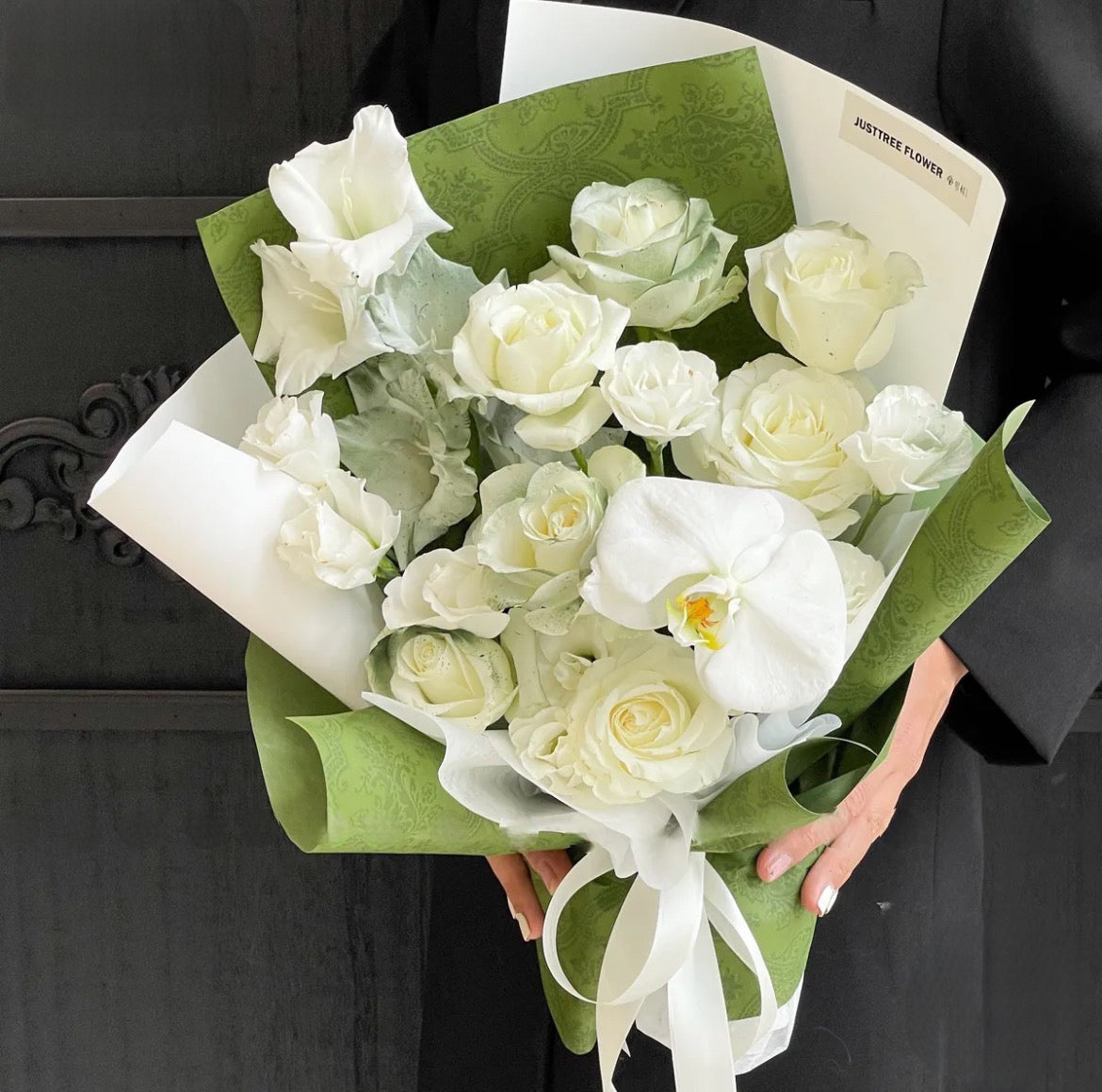 Alpine Summer Sonata: Snowy White Roses & Verdant Orchid Ensemble