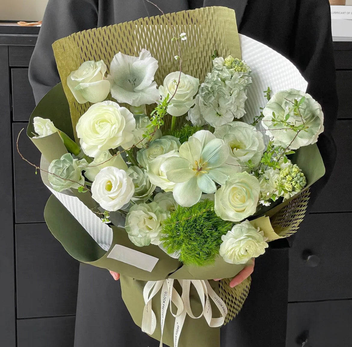Alpine Summer Sonata: Snowy White Roses & Verdant Orchid Ensemble