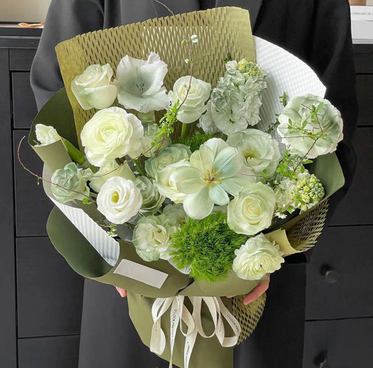 Alpine Summer Sonata: Snowy White Roses & Verdant Orchid Ensemble