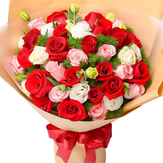 Miss you so much(
11 red roses, 11 Diana pink roses, 11 white roses)