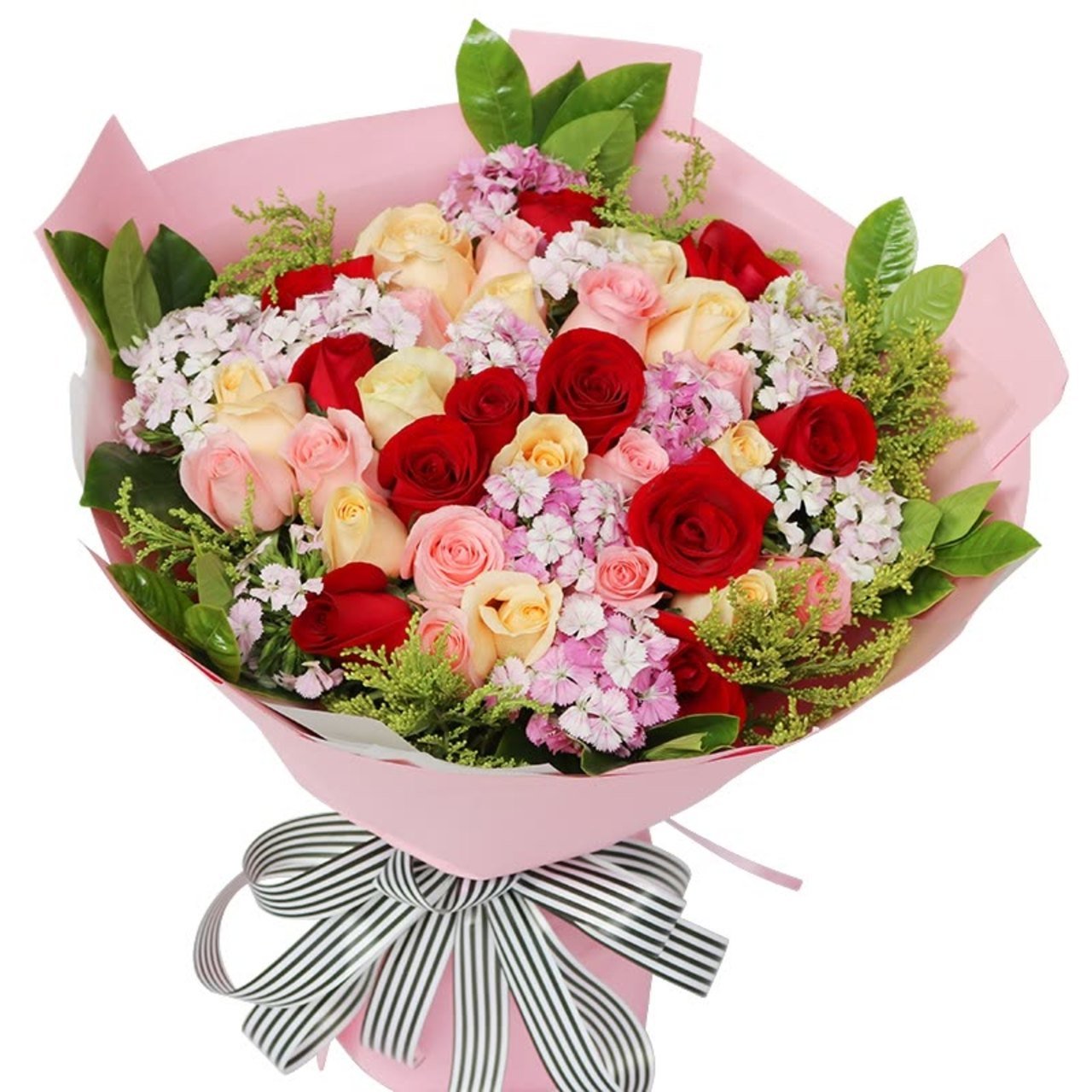 Smiley blooming(
A mix of 33 red, pink and champagne roses-