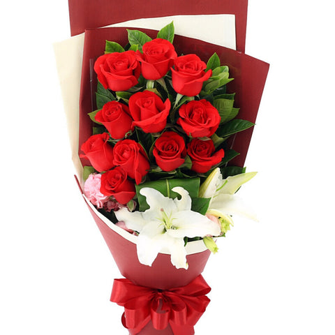 Romantic flowers(
11 red roses + 1 long lily)