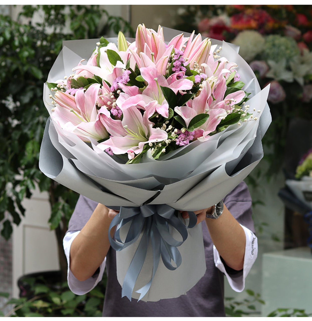Qingfen Linglong(Bouquet of 7 long pink lilies) (4529546592367)