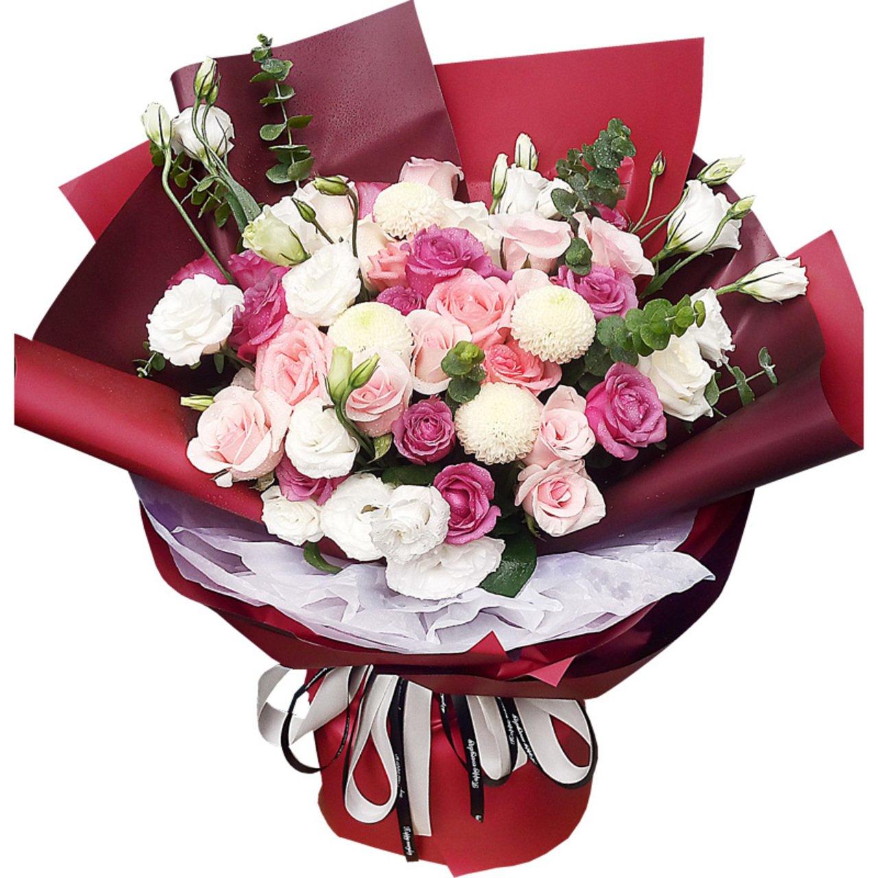 Have a soft spot(
13 pink snow mountains, 13 pink roses, 7 white roses, 4 ping-pong chrysanthemums-