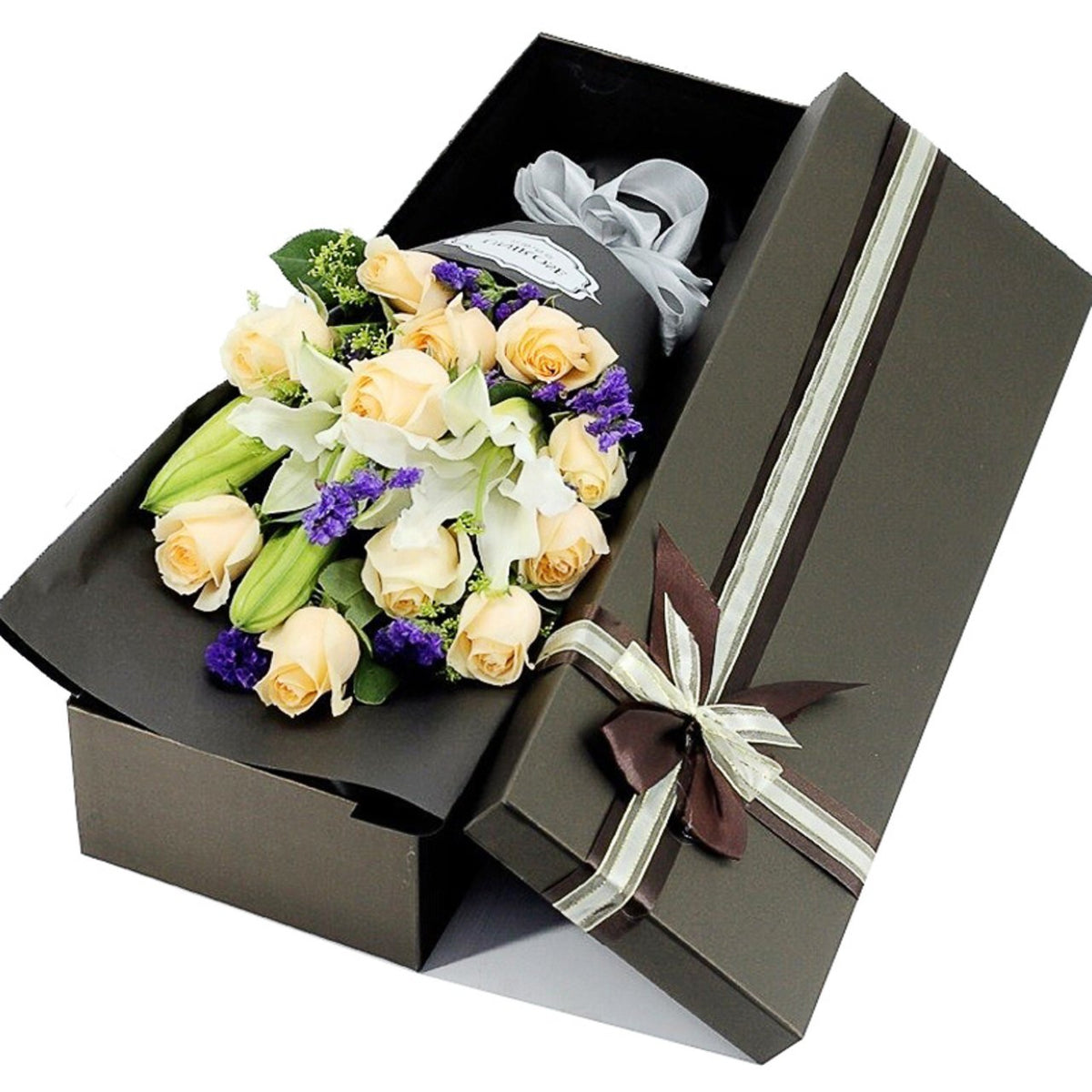 Have a happy life(
11 champagne roses & 2 long white lilies)