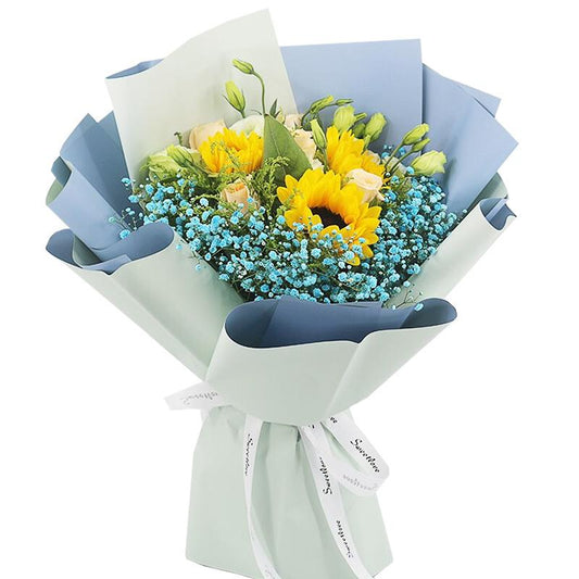 Bright time(
6 champagne roses + 3 sunflowers)