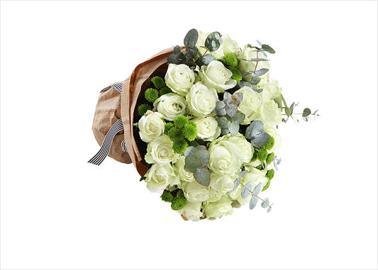 33 snow white Roses, 8 eucalyptus leaves, 10 green gerberas to China (2238895161444)