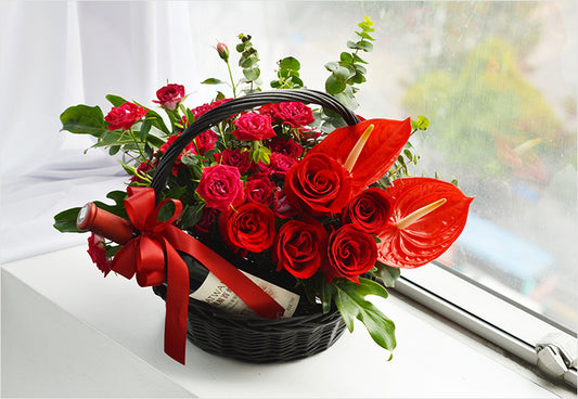 Red roses, eucalyptus leaves, anthurium, little angels, etc.; Great Wall Cabernet to China (2200302583908)