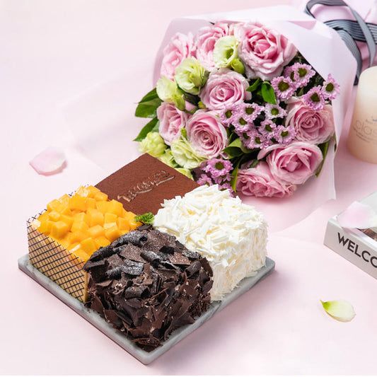 Mixed Cake + 9 Pink Roses