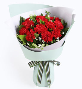 12 red carnations, 2 white acacia, 0.5 scorpion leaves to China