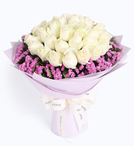 33 white roses, pink forget-me-not around to China