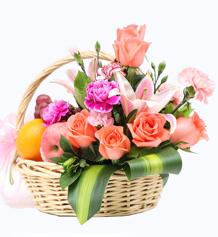 Fruit basket-1 perfume lily, 8 pink roses to China-1 day advance booking required (2309224988772)