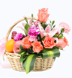 Fruit basket-1 perfume lily, 8 pink roses to China-1 day advance booking required
